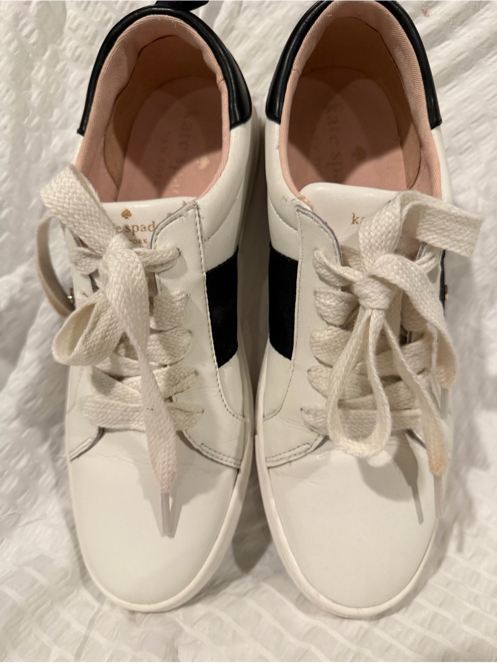 kate spade White Leather Sneakers with Black Stripe and Pink Lining